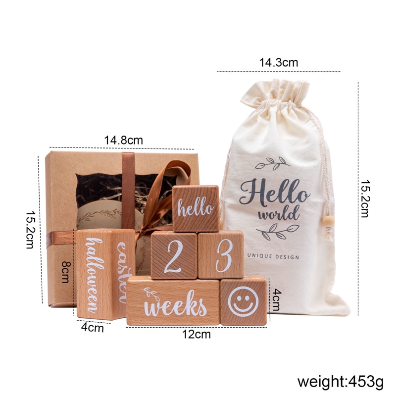 6Pcs/1Set Baby Milestone Beech Block Square Engraved Newborn Birth Month Birthday Milestones Block Photography Tool Accessories